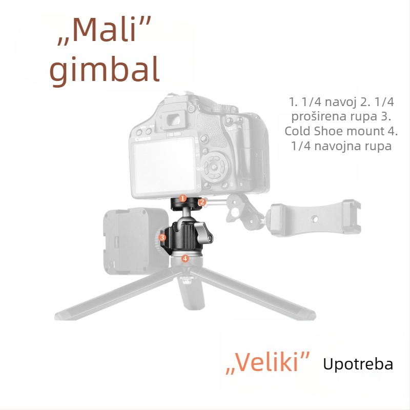 Metalna univerzalna kuglasta glava s dvije hladne cipke za vlog, mobilni telefon i DSLR – 1/4" vijak, aluminijska legura, horizontalno 360°, verticalno 90°, težina 85 g