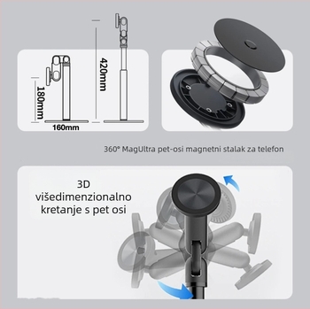 Držač za nadzorni snimanje s rotirajućim, podiznim i teleskopskim ramenom za mobitele i tablete, metalni, MagSafe držač, protiv podrhtavanja
