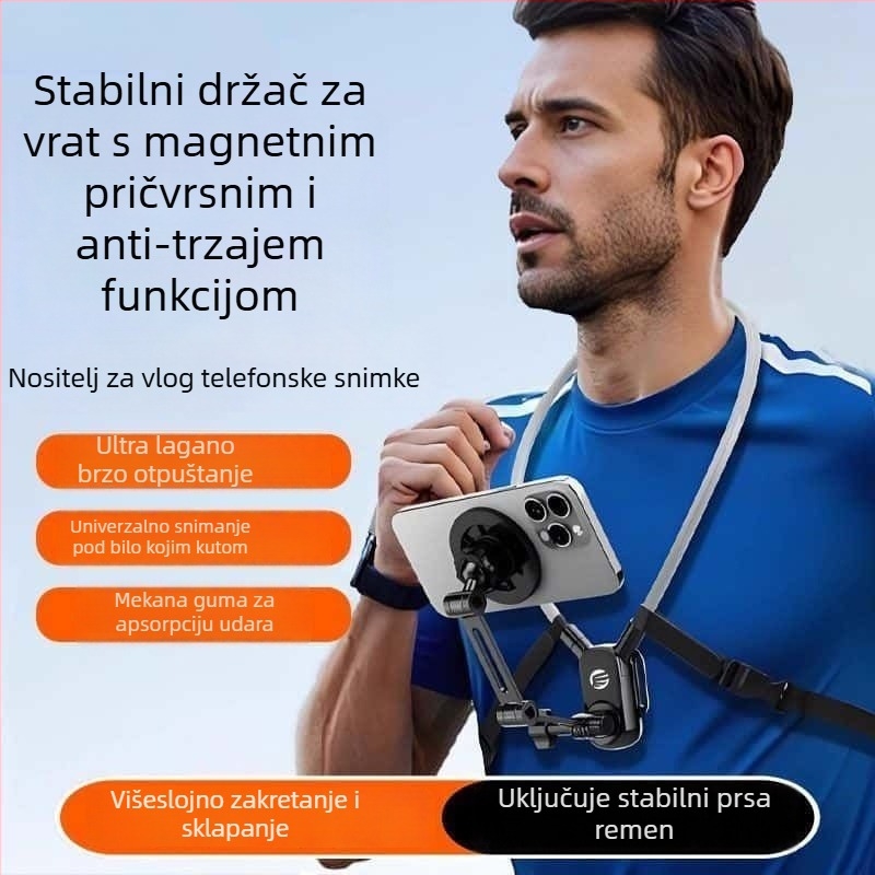 Držač za telefon oko vrata za snimanje iz prvog lica na prsima, silikon, bežično punjenje