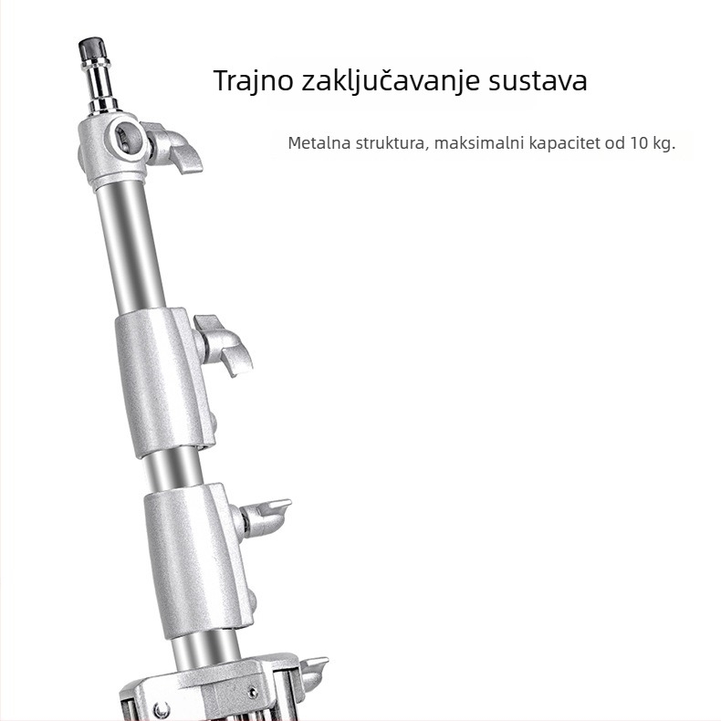 Stojak za fotografijski background od nehrđajućeg čelika, 3-sekcijski teleskopski, podesiva visina 100–280 cm, nosivost 8 kg.