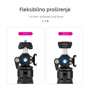 Stativ za vlog s dvostrukim cold shoe mounts, prijenosno stolno proširenje za DSLR/mirrorless kamera • Materijal: Najlon • Nosivost: 3 kg • Kategorija: Tripod/PTZ