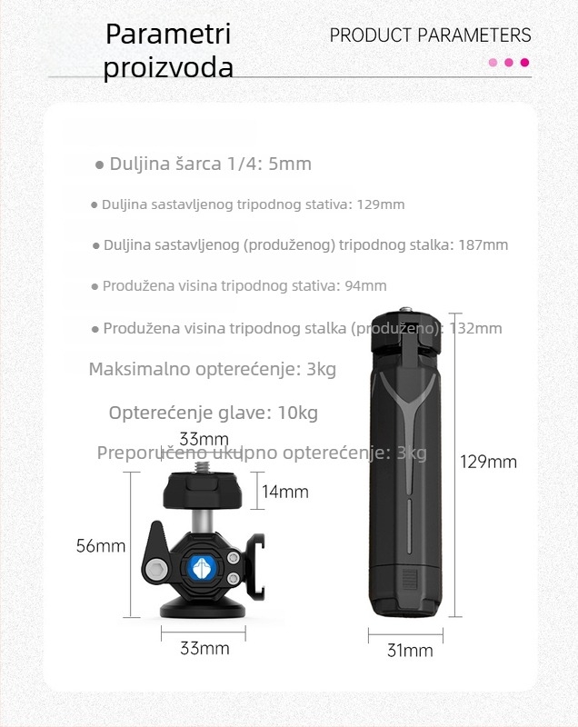 Stativ za vlog s dvostrukim cold shoe mounts, prijenosno stolno proširenje za DSLR/mirrorless kamera • Materijal: Najlon • Nosivost: 3 kg • Kategorija: Tripod/PTZ