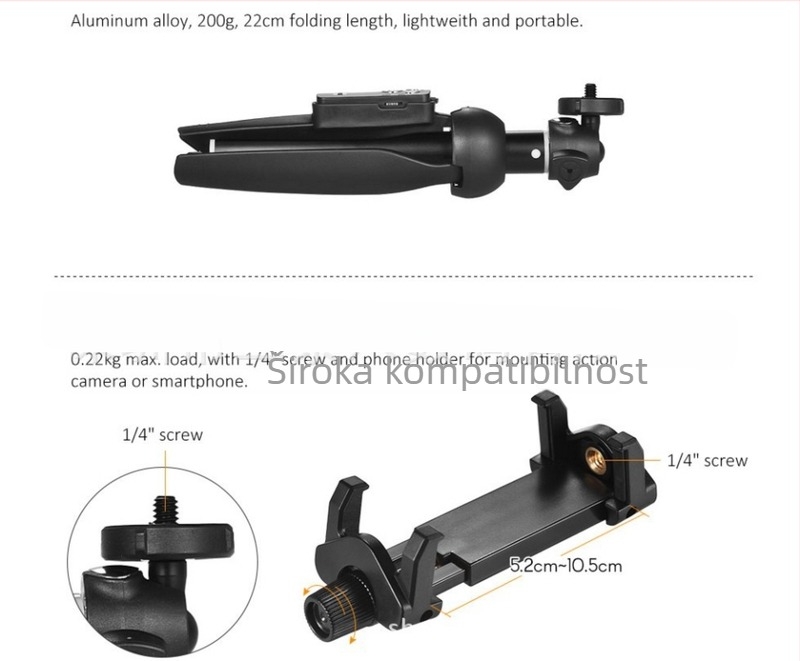 Yunteng 9928 Bluetooth selfie stativ, aluminijska legura, 3D PTZ, nosivost do 2 kg
