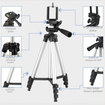H3110 Aluminijski stativ za DSLR s nosačem za telefon, 3 sekcije, težina 1.0 kg, nosivost do 2 kg