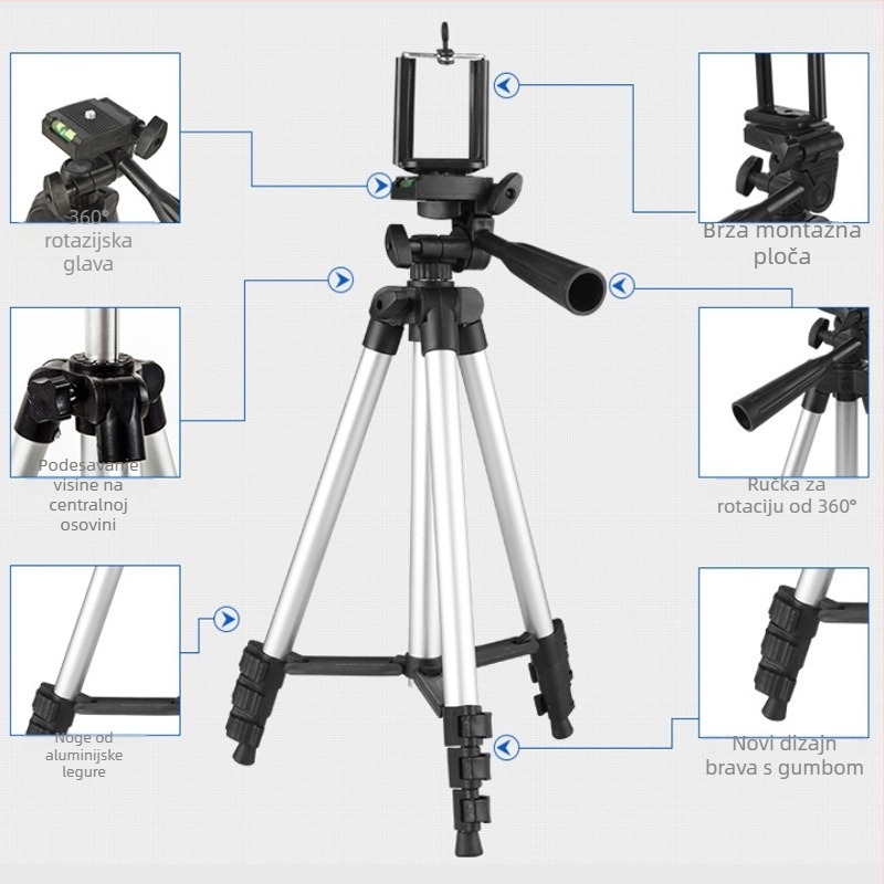 H3110 Aluminijski stativ za DSLR s nosačem za telefon, 3 sekcije, težina 1.0 kg, nosivost do 2 kg