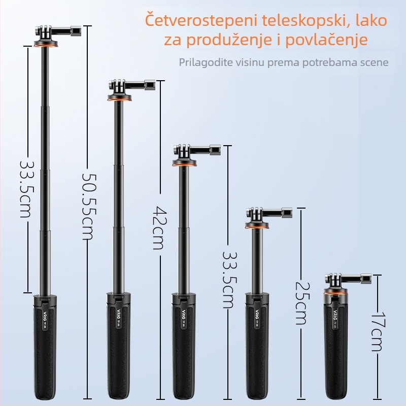 Selfie stativ za GoPro – lagani, aluminijska legura + ABS, 4 sekcije, 150 g