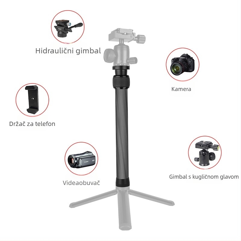Monopod stabilizator s produženom srednjom osi za fotoaparat i pametni telefon — karbonska vlakna, univerzalno, prilagodljivo