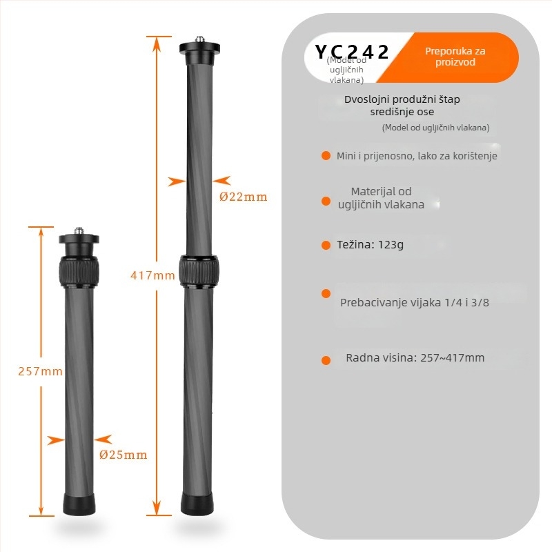Monopod stabilizator s produženom srednjom osi za fotoaparat i pametni telefon — karbonska vlakna, univerzalno, prilagodljivo