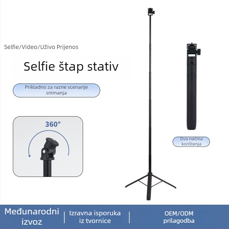Stativ za DSLR/Mirrorless kamera — prijenosan i sklopiv, aluminij-ABS, 3 sekcije, nosivost 2 kg, težina 200 g