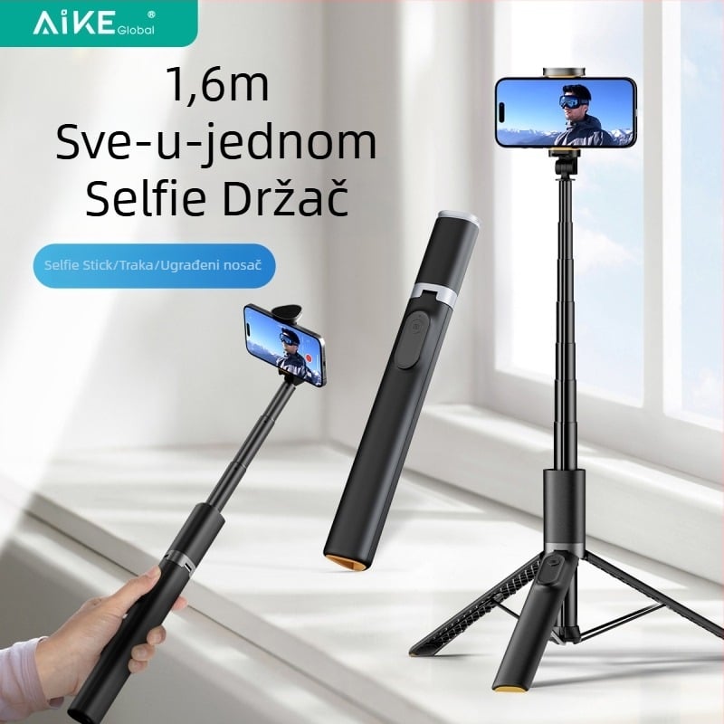 Selfie štapić s tripodom za pametni telefon, legura, 8 segmenata, Bluetooth daljinski upravljač, anti-shake, za live streaming