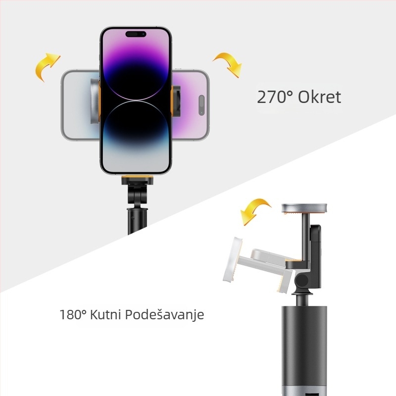 Selfie štapić s tripodom za pametni telefon, legura, 8 segmenata, Bluetooth daljinski upravljač, anti-shake, za live streaming