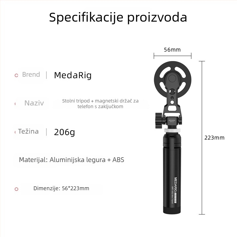 Medarig aluminijski stolni mini stativ s magnetskim držačem za telefon, Model MRT002 + MRP001, Nosivost 0-3 kg