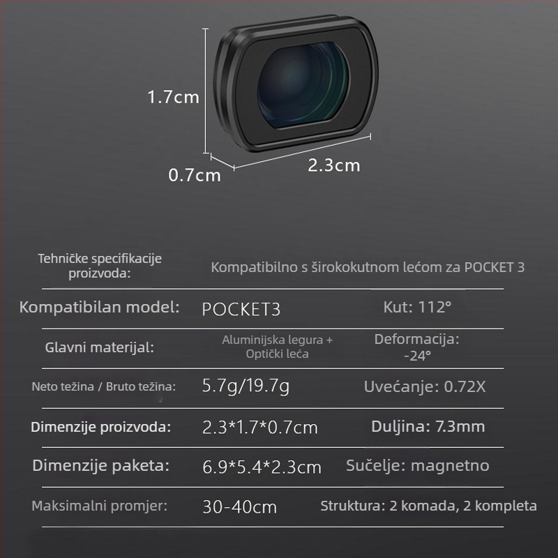 Osmo Pocket 3 magnetni ND/CPL/UV filter set sa širokokutnim objektivom - aluminijsko tijelo + optičko staklo, 7 g
