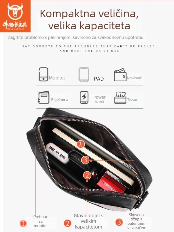 Muška crossbody torba od PU kože, urbani minimalistički stil, otporna na habanje, podstava od poliestera, velik kapacitet za tablet
