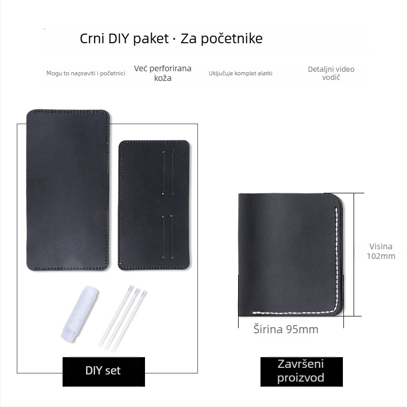 DIY set kožnog novčanika – prirodna kravlja koža, dvostruka debljina, 1 preklop, bez podstave, jednobojni, gradski minimalistički stil