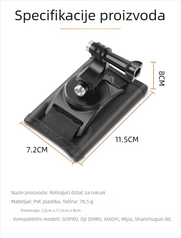 Klip za ruksak s držačem za naramenicu i 360° rotacijom, kompatibilan s Insta360 Action3, platno + PU