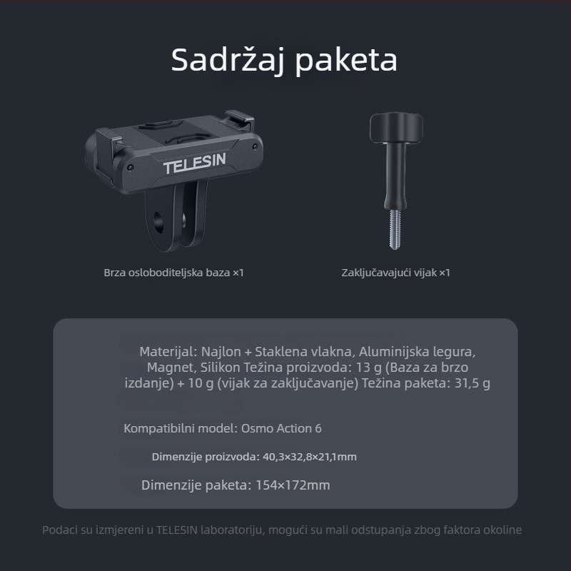 Magnetska baza za brzo oslobađanje za DJI Action 6 (Materijali: najlon, vlakna stakla, aluminijski spoj, magnet, silikon; Uključuje: baza za brzo oslobađanje, šraf za zaključavanje)