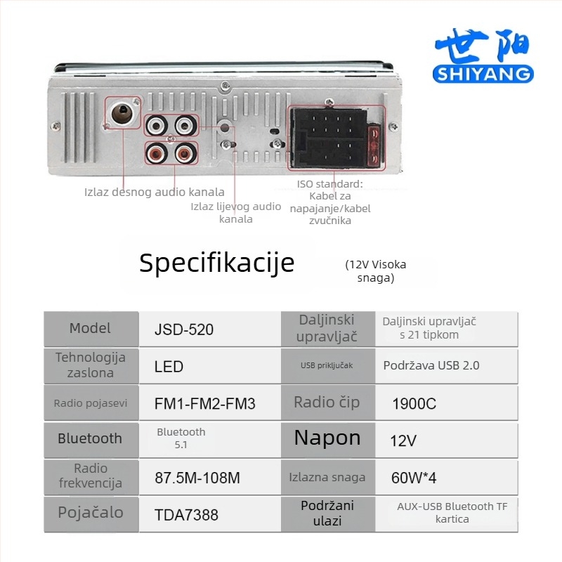 JSD-520 Bluetooth MP3 player za auto s Hands-Free i FM radio, podržava USB/SD karticu