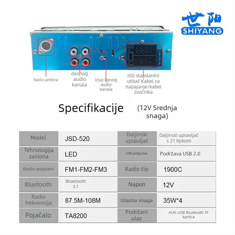 JSD-520 Bluetooth MP3 player za auto s Hands-Free i FM radio, podržava USB/SD karticu
