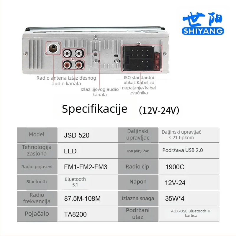 JSD-520 Bluetooth MP3 player za auto s Hands-Free i FM radio, podržava USB/SD karticu