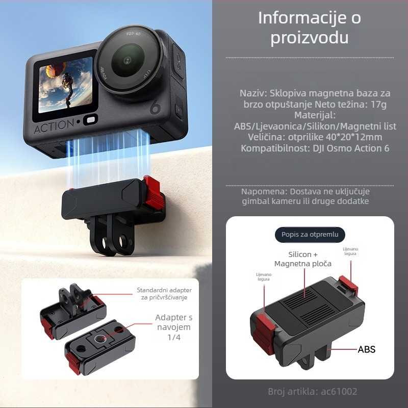 Dvostruka magnetska brza otpuštajuća baza za DJI Action 6 i Osmo Nano | Dj2 | Materijal: plastika + metal | Pakiranje: 1 kom