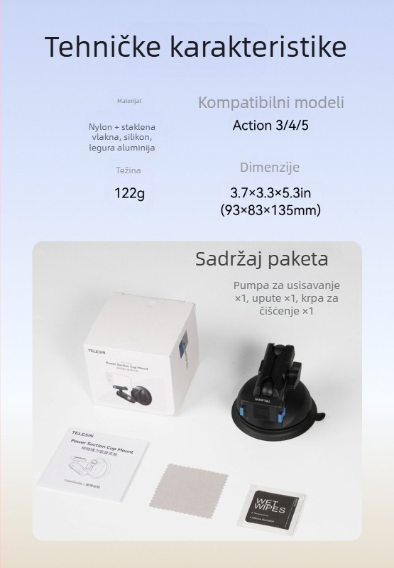 Plastični držač s vakuumskom čašom za DJI Action 5 Pro/4 i Osmo 360 – kompatibilan s Action 5 Pro/4 i Osmo 360, pričvršćivanje na staklo automobila