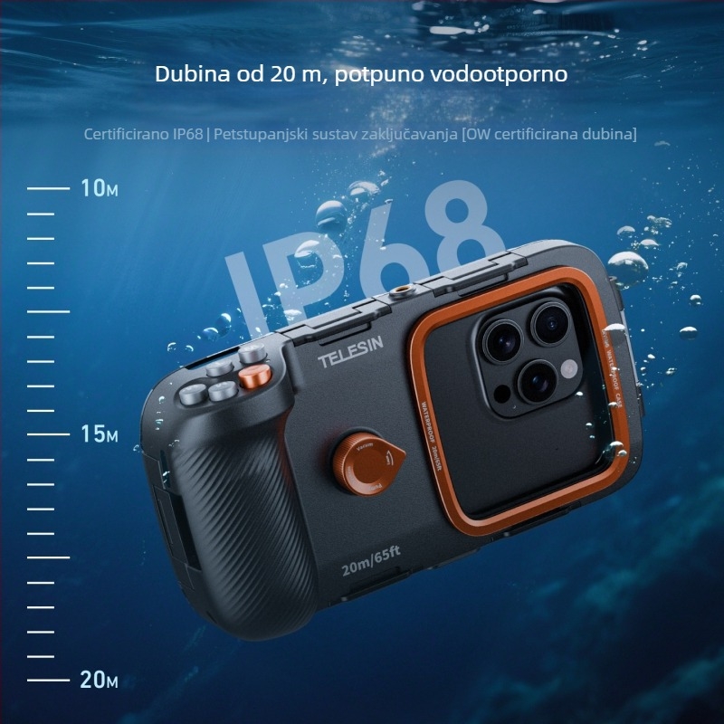 Telesin podvodni držač za fotografiranje mobitela s Bluetooth vodootpornim kućištem, model P4-WTP-06, za telefone s direktnim zaslonom do 7 inča, materijal ABS/PC/aluminijska legura, vodootporno do 20 m