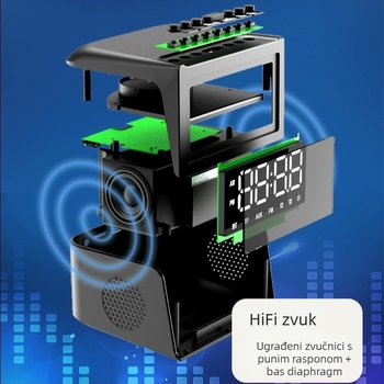 Bežični zvučnik s bežičnim punjenjem, satom i radio — Bluetooth 5.3, 2 zvučnika, 8 h reprodukcije, podrška USB flash drive 32GB, raspon frekvencija 100 Hz–20 kHz