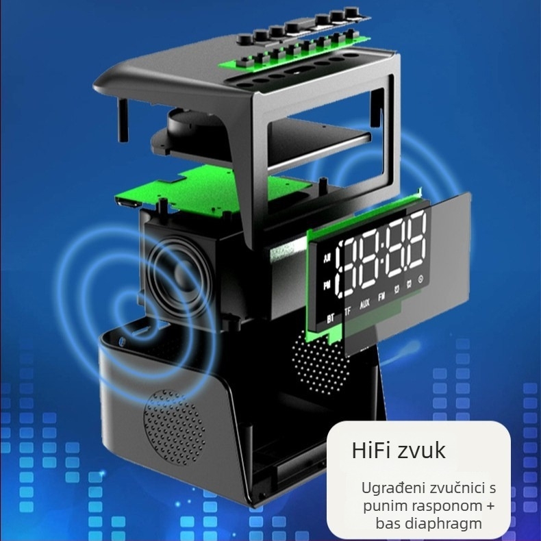 Bežični zvučnik s bežičnim punjenjem, satom i radio — Bluetooth 5.3, 2 zvučnika, 8 h reprodukcije, podrška USB flash drive 32GB, raspon frekvencija 100 Hz–20 kHz