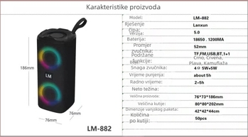 Bluetooth zvučnik s platnenim kućištem, dvostruki zvučnici, LED prsten osvjetljenja, Bluetooth 5.0, izlazna snaga ≤ 10W