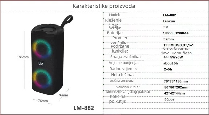 Bluetooth zvučnik s platnenim kućištem, dvostruki zvučnici, LED prsten osvjetljenja, Bluetooth 5.0, izlazna snaga ≤ 10W
