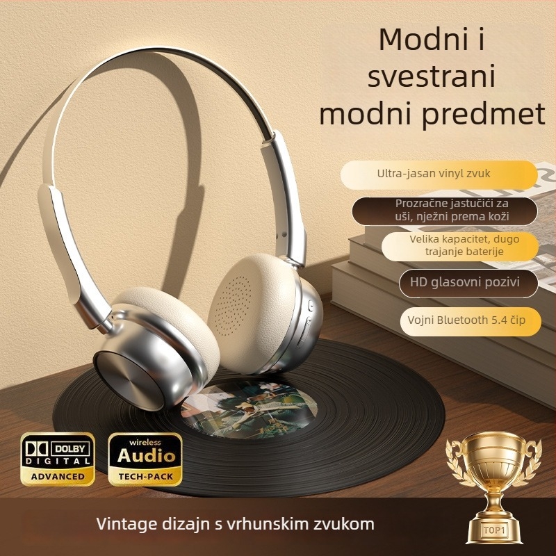 Retro stil over-ear Bluetooth slušalice s aluminijskim kućištem, Bluetooth 5.0, domet 10 m, trajanje baterije preko 8 sati, IPX4