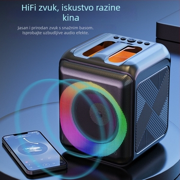 Bluetooth zvučnik za karaoke s integriranim mikrofonom — prijenosni, Bluetooth 5.0, TF/USB reprodukcija, 60 Hz–15 kHz, izlaz ≤10W, domet 10 m, ugrađena baterija