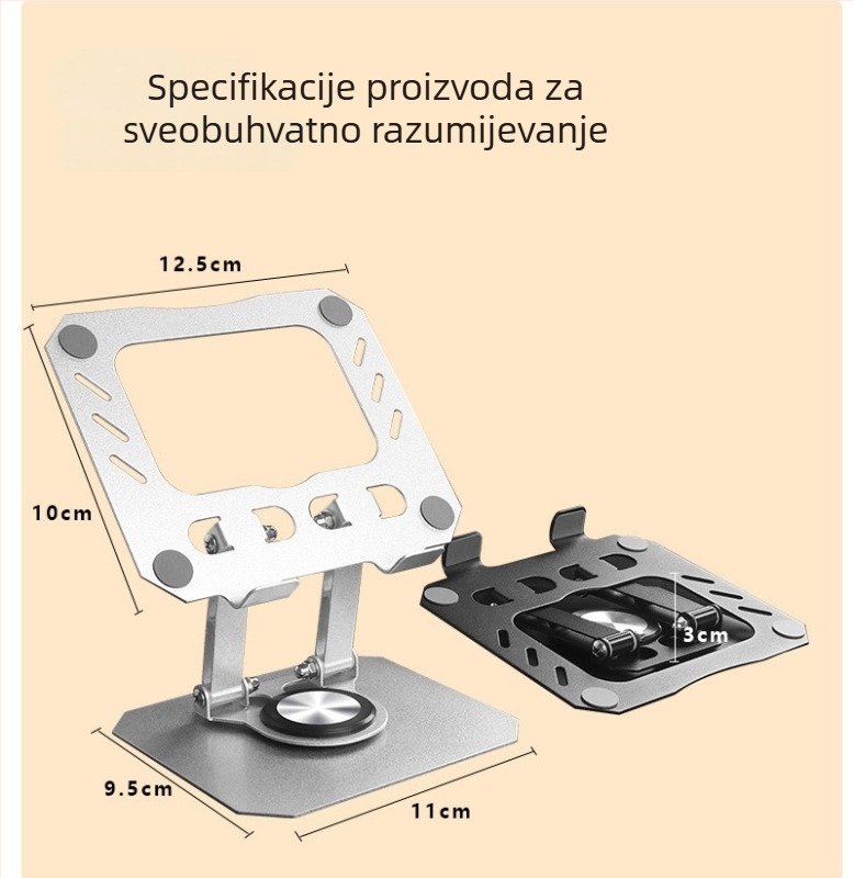 Stojalo za tablet s 360° rotacijom, sklopiva aluminijska baza, prilagodljiva visina za radnu površinu, kompatibilno s iPadom, prijenosna rashladna podloga