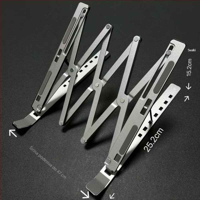 Stalak za laptop od aluminijske legure, proširena trokraka sklopiva baza za hlađenje i podizanje, kompatibilan s laptopima i tabletima