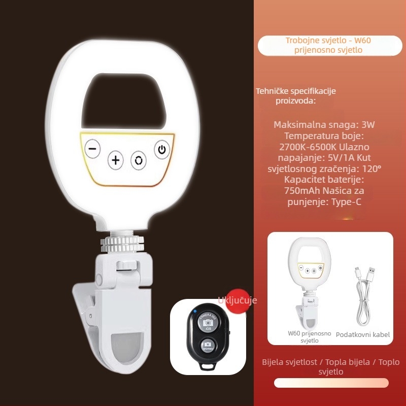 Profesionalno rasvjetno osvjetljenje za fotografiju za mobitel s fill lightom za selfie — 220V, ispod 10W, domet 5 m, jačina svjetla podesiva, potreban vanjski napajanje