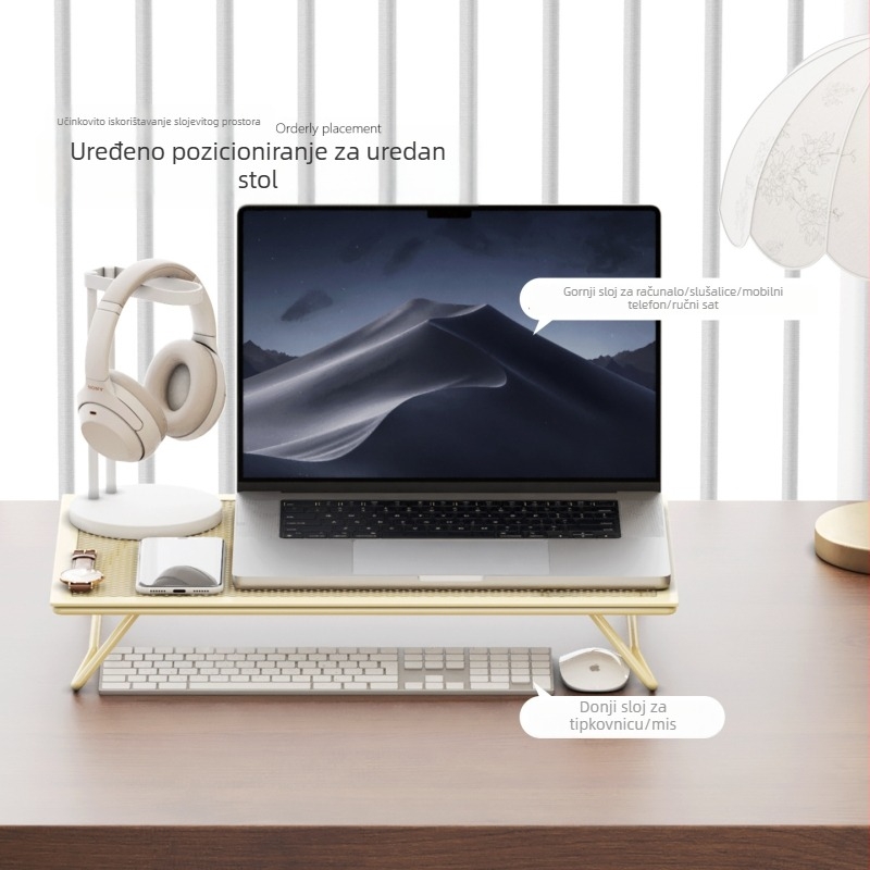 Stalak za laptop i monitor s prostorom za pohranu tipkovnice, sklopiva čelična baza i podloga za stol