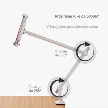 Stolni držač za telefon i tablet s klipsom, tri ruke, podesiva duljina, univerzalna kuglična glava