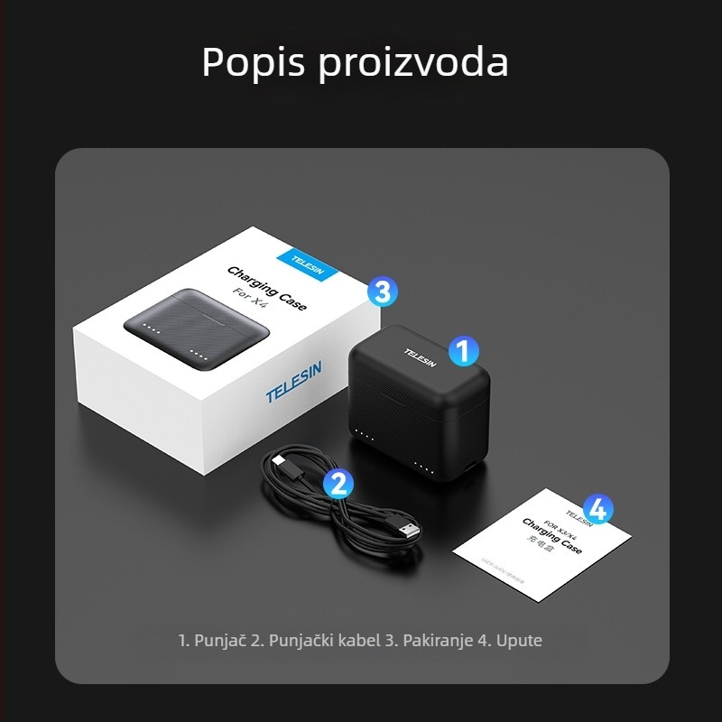 TELESIN Punjac baterije za Insta360 X4 s kutijom za punjenje i kabelom za napajanje, model S0-BCG-07-TIS, plastika