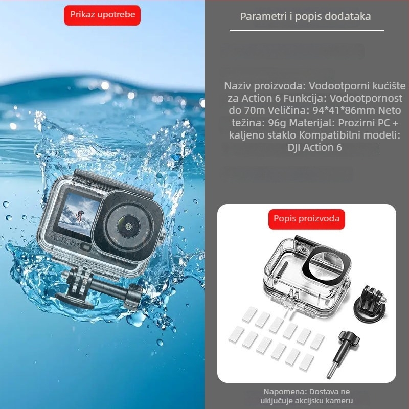 Xiasu Action6 vodootporna kućišta za DJI Action6 — 45 m dubina, prozirni PC materijal, kompatibilan s Action6