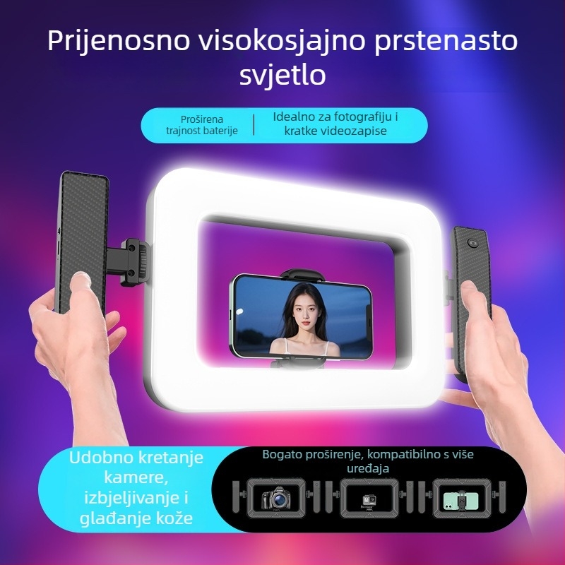 Ručno kružno svjetlo za fotografiju, prijenosno punjivo svjetlo za live streaming, model K03; 6.6W, 5V/1A, podešiva temperatura boje 2500K–9900K