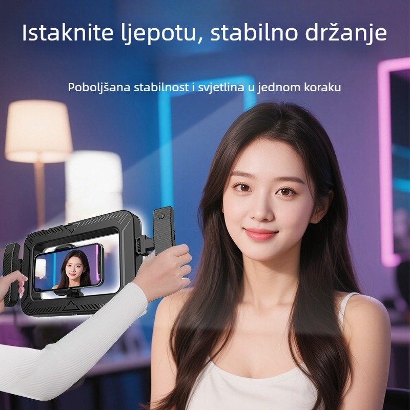 Ručno kružno svjetlo za fotografiju, prijenosno punjivo svjetlo za live streaming, model K03; 6.6W, 5V/1A, podešiva temperatura boje 2500K–9900K