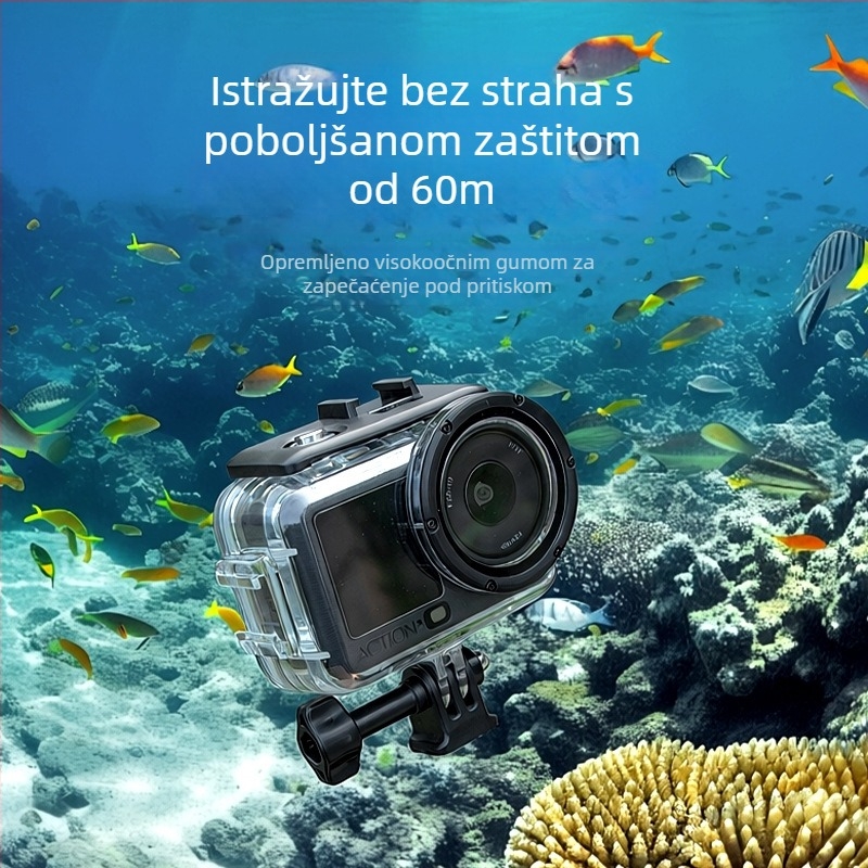 Vodootporni zaštitni kućište za DJI Action6 do 60 m dubine; materijal: kaljeno staklo + 316L nehrđajući čelik; paket sadrži kućište, vijku, baza; prilagodba logotipa dostupna