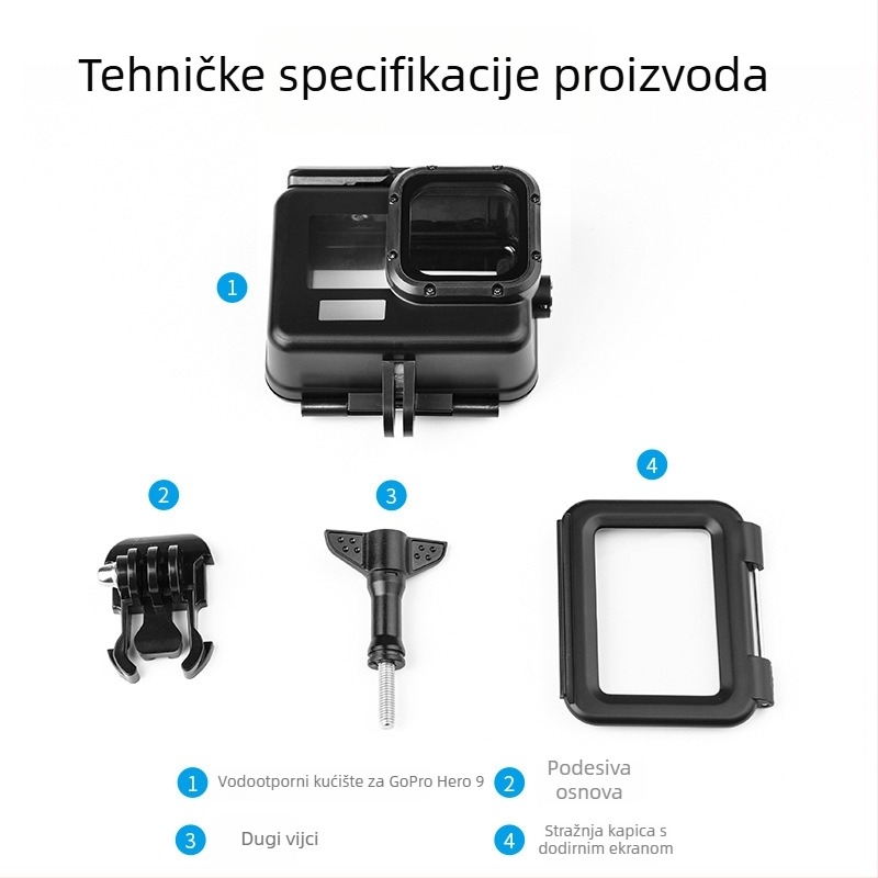 GP902 Vodootporan kućište za GoPro 9–13 Black Diamond, kaljeno staklo + PC + nehrđajući čelik, dubina 50 m, uključuje kućište i stražnji poklopac s dodirnim zaslonom, prilagodljiv logo
