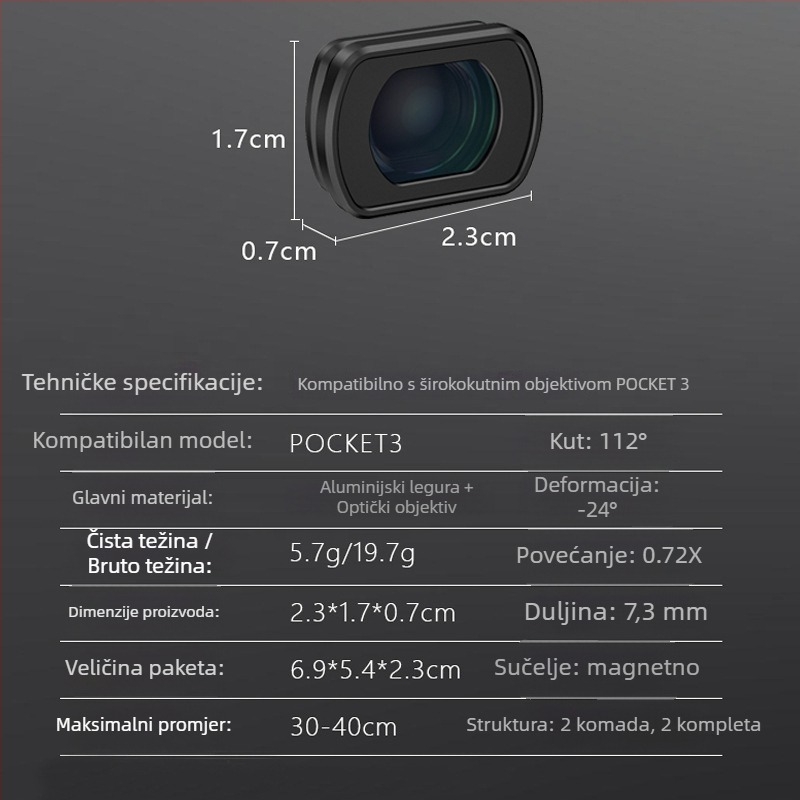 Filter širokog kuta za Osmo Pocket 3 — FST, model Osmo Pocket 3 augmentation mirror, materijal: aluminij 6063 + optičko staklo, težina: 7 g, kompatibilno s Osmo Pocket 3