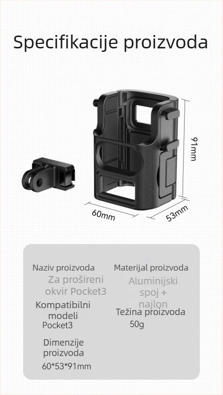 TELESIN Prošireni nosač za DJI Pocket 3 – aluminijska legura + najlon, višenamjenski okvir za proširenje