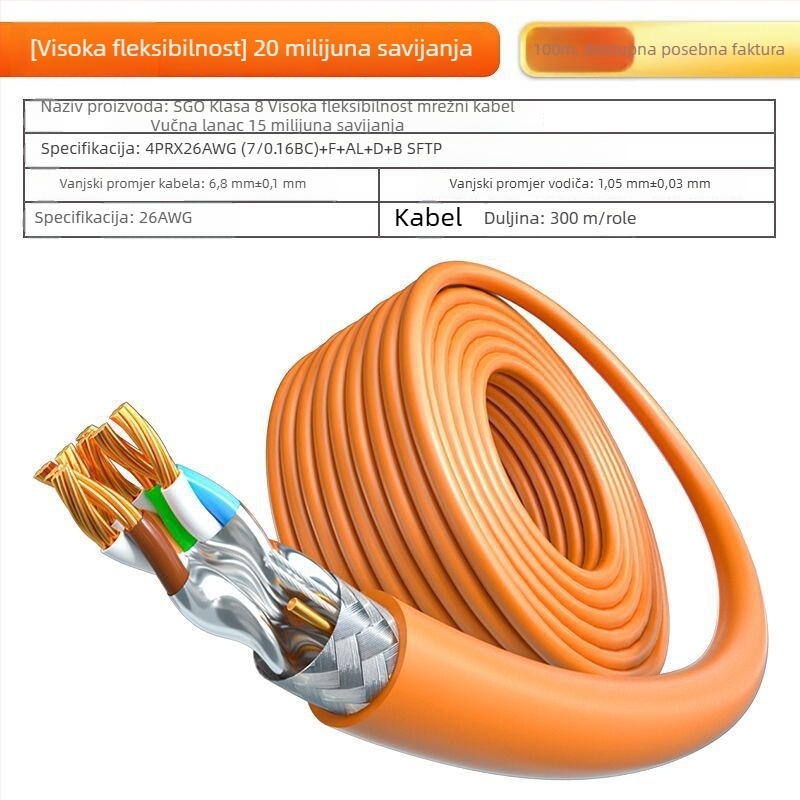 Industrijski Cat8 mrežni kabel za Profinet, dvostruko oklopljen, kompatibilan s drag-chainom, 40 Gbps
