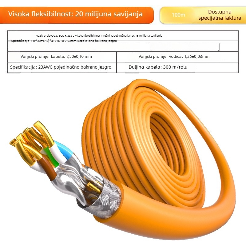 Industrijski Cat8 mrežni kabel za Profinet, dvostruko oklopljen, kompatibilan s drag-chainom, 40 Gbps