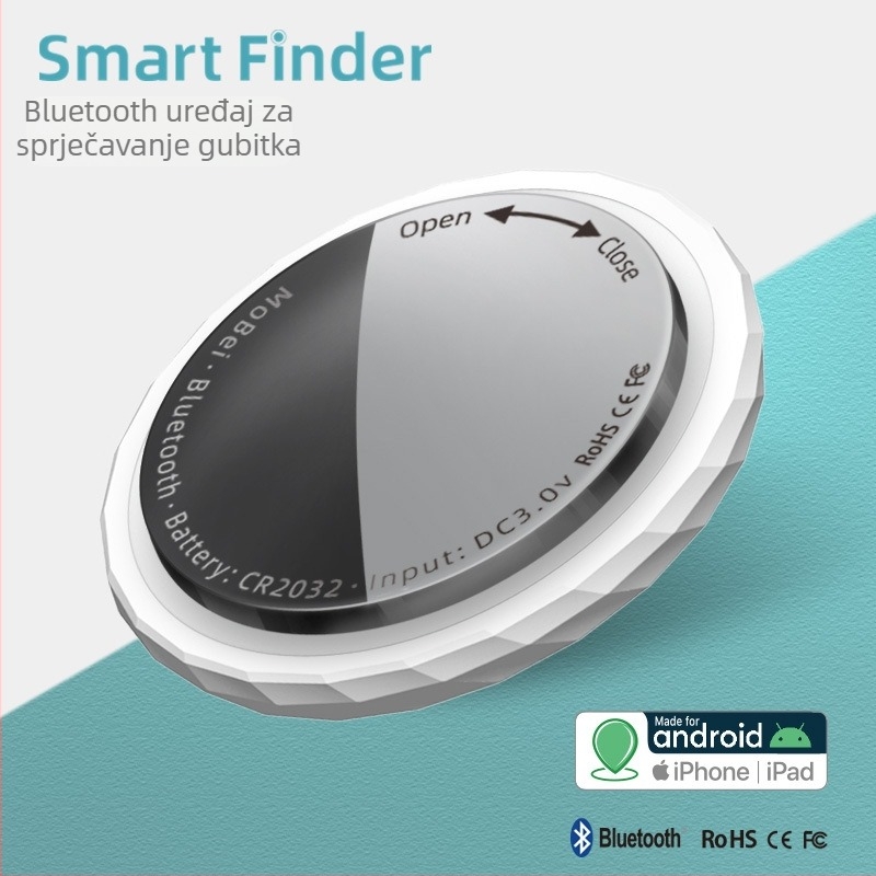 Pametni Bluetooth lokator ključeva, domet 15 m, 230 mAh baterija, dimenzije 31x31x9 mm, težina 9 g, ABS materijal, kompatibilan s Androidom i iOS-om