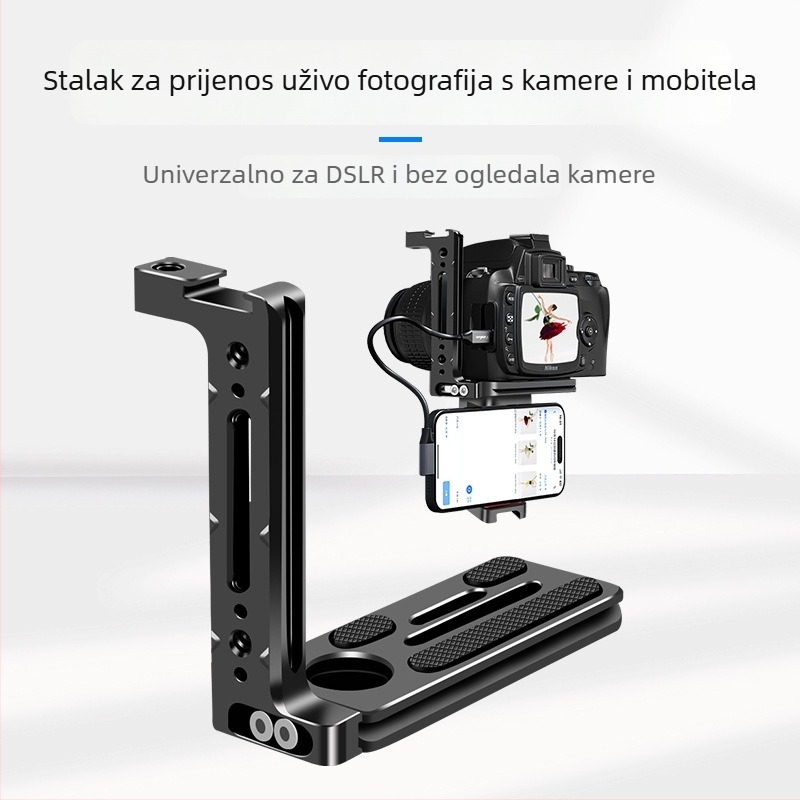 Aluminijski L-oblik držač kamere i pametnog telefona s bazom za brzo pričvršćivanje, univerzalni dodatak za stativ